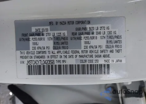 2020 Mazda Cx-9 Touring z USA, uszkodzony, nr VIN JM3TCACY7L0420698